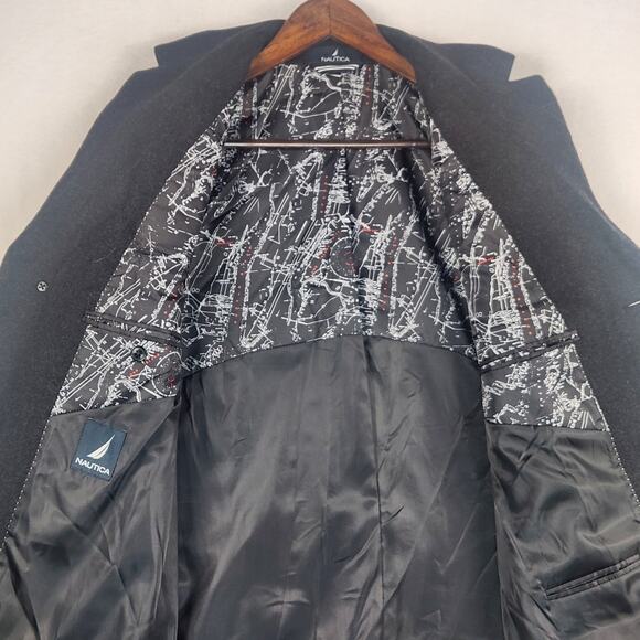 Nautica Barge Overcoat Men 38R Charcoal Gray Wool Cashmere Blend Italian Fabric - Picture 6 of 16